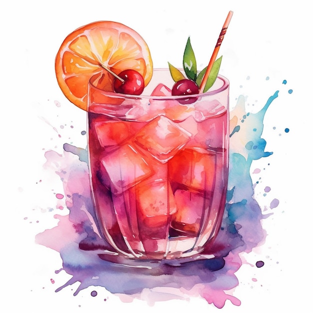 Watercolor painting of a cocktail with a straw and a red cocktail with a straw in it.