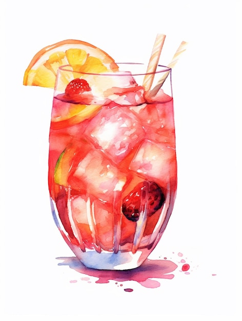 A watercolor painting of a cocktail with a straw and a red drink with a lemon slice.