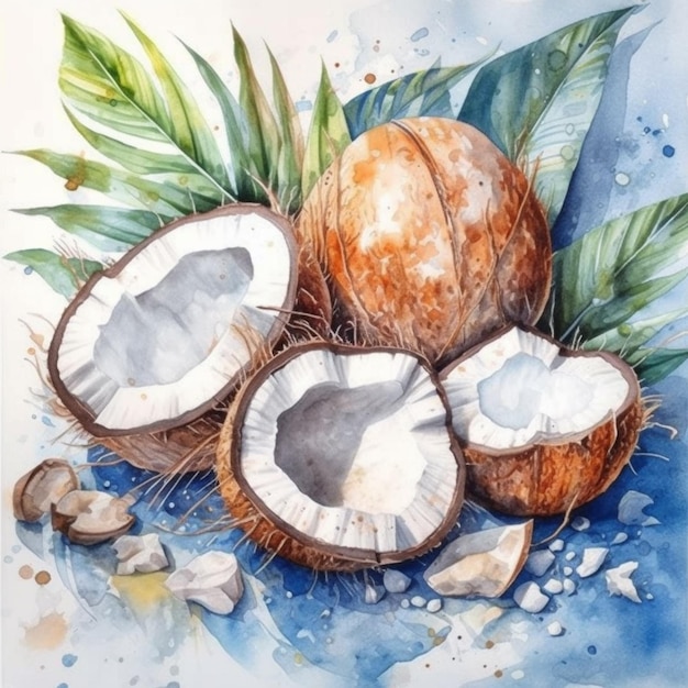 Watercolor painting of coconuts and leaves on a blue background