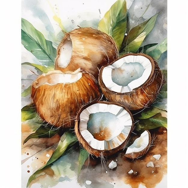 A watercolor painting of coconuts with green leaves.