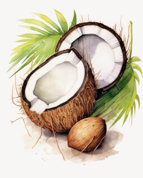 A watercolor painting of coconuts with green leaves