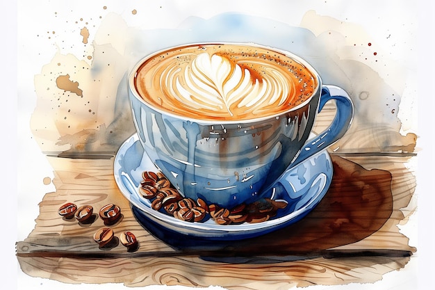 Watercolor painting of a coffee mug Latte art Beside the glass are coffee beans on a wooden table