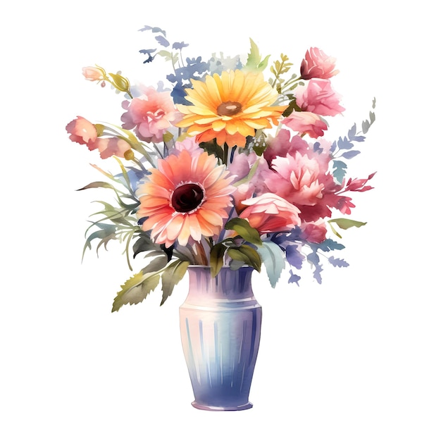 Watercolor painting of colorful blooms in a blue vase