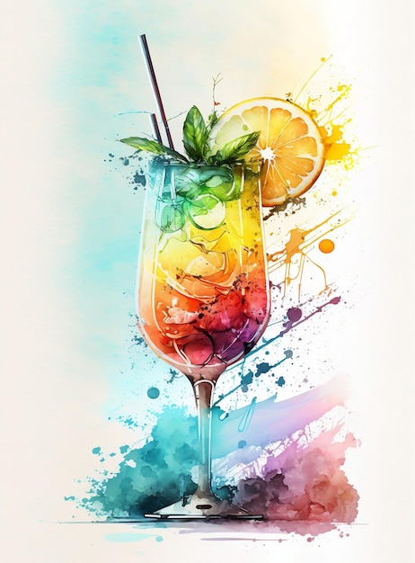 Watercolor painting of a colorful cocktail with a slice of lemon and mint leaves.