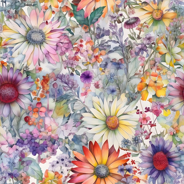 A watercolor painting of a colorful floral background with a lot of flowers.