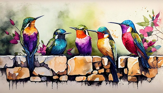 A watercolor painting of a colorful hummingbird on a wall.