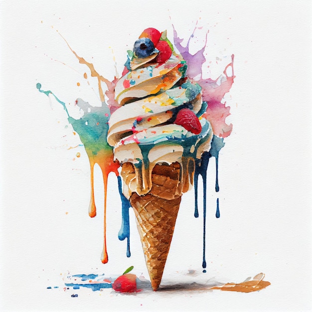 A watercolor painting of a colorful ice cream cone with a blueberry topping.