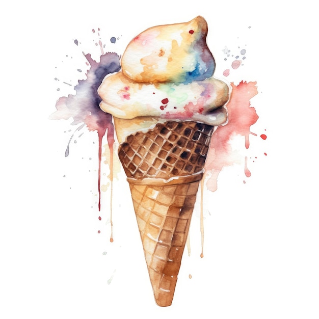 A watercolor painting of a colorful ice cream cone with a blueberry topping