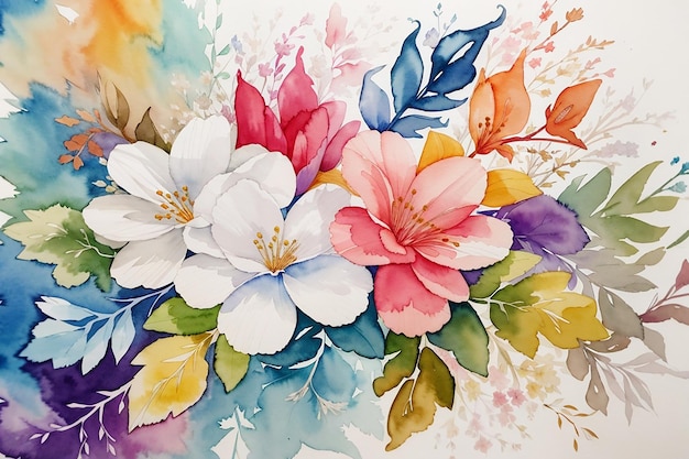 watercolor painting colorful splashes on a white floral background flower leaf