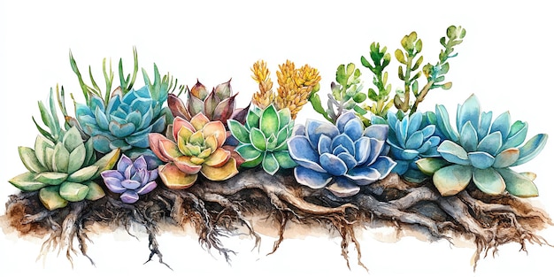 Photo watercolor painting of colorful succulents on a white background