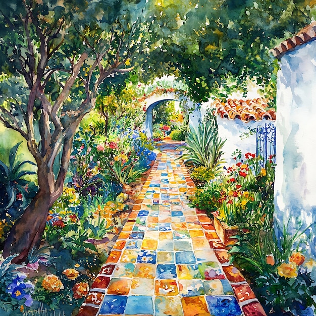 Photo watercolor painting of a colorful tiled pathway leading through a lush garden