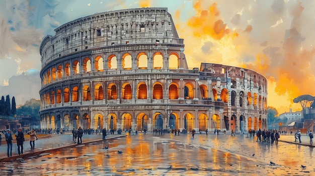 A Watercolor Painting of the Colosseum in Rome at Sunset