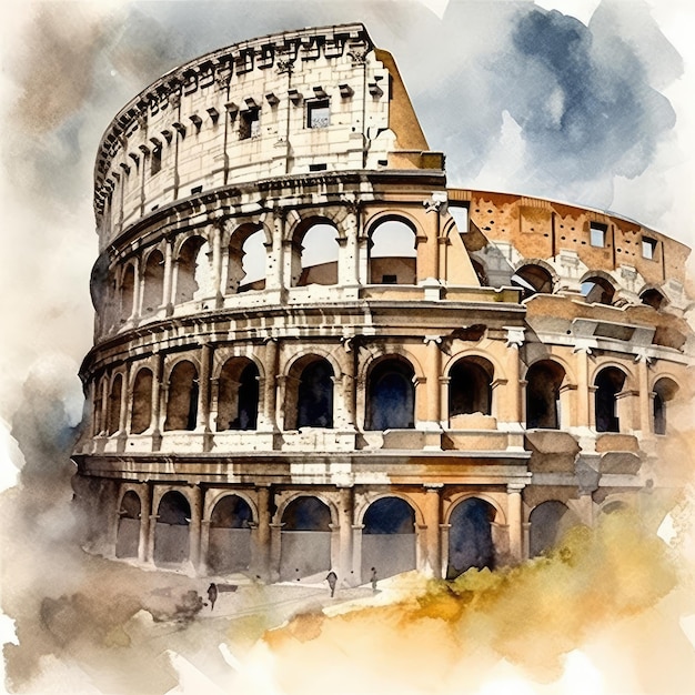 A watercolor painting of the colosseum in rome.