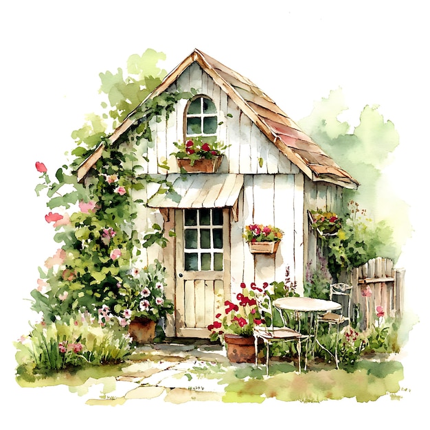 Watercolor Painting of a Cottage with a Garden