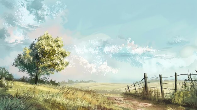 A watercolor painting of a country road leading through a field with a fence and trees