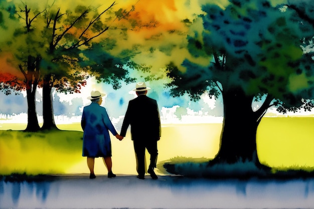 A watercolor painting of a couple holding hands