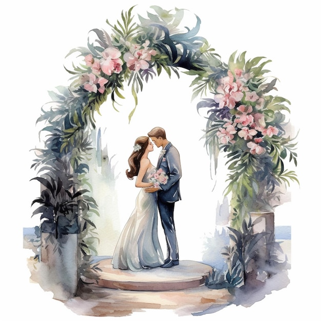 A watercolor painting of a couple kissing under a arch of flowers.