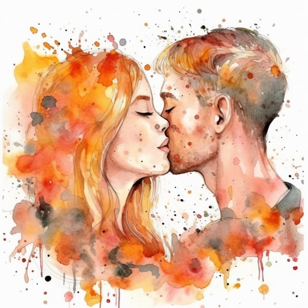 A watercolor painting of a couple kissing.