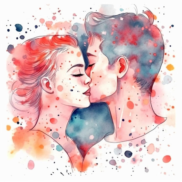 A watercolor painting of a couple kissing.