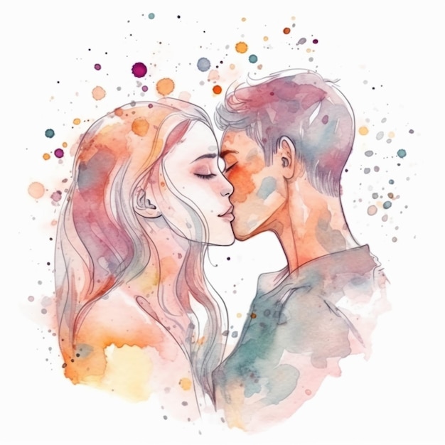 A watercolor painting of a couple kissing.