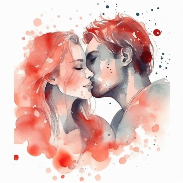 A watercolor painting of a couple kissing.