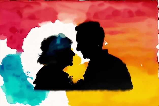 A watercolor painting of a couple in silhouette