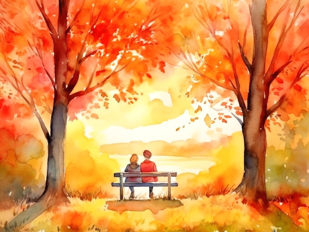 A watercolor painting of a couple sitting on a bench in a park