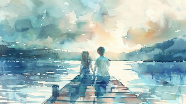 Photo a watercolor painting of a couple sitting on a bridge with the sun behind them