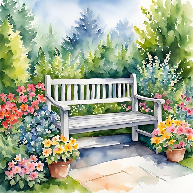 Photo a watercolor painting of a cozy garden retreat with a rustic wooden bench surrounded by flowers