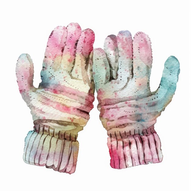 Photo watercolor painting of cozy winter gloves in soft pastel colors