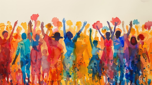 A watercolor painting of a crowd of people of various colors and ethnicities all raising their hands