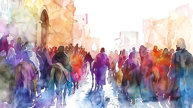 a watercolor painting of a crowd of people