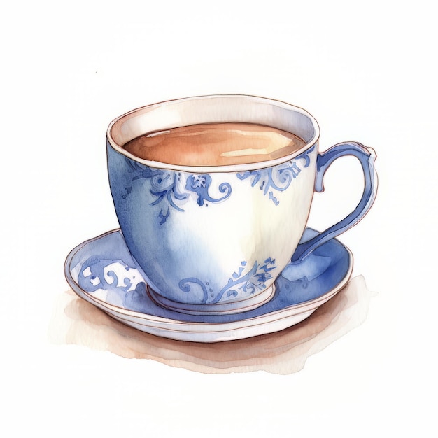 A watercolor painting of a cup of tea with blue and white flowers.