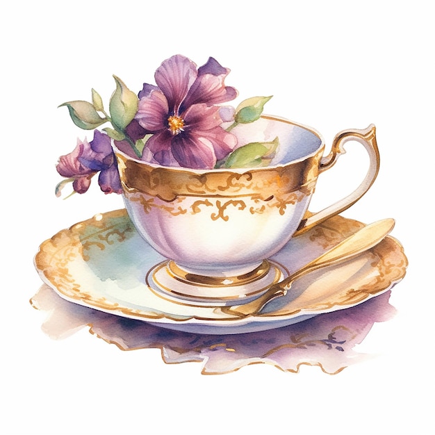 A watercolor painting of a cup of tea with purple flowers.