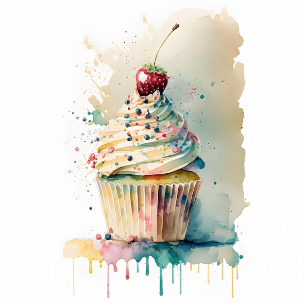 A watercolor painting of a cupcake with a cherry on top