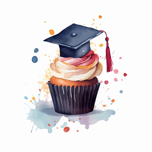 Watercolor painting of a cupcake with a graduation cap on top.