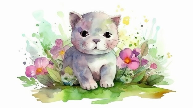 Watercolor painting of a cute baby cat