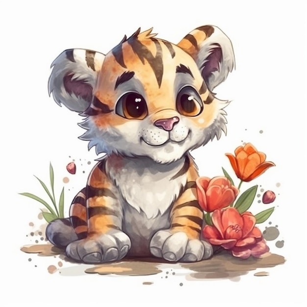 Watercolor painting of cute Chibi Tiger