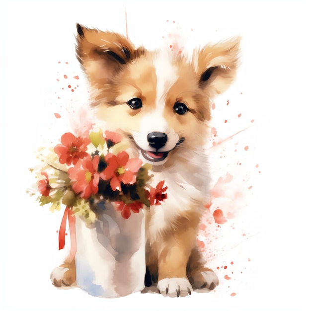 A watercolor painting of a cute Corgi puppy with flowers and hearts Funny Corgi