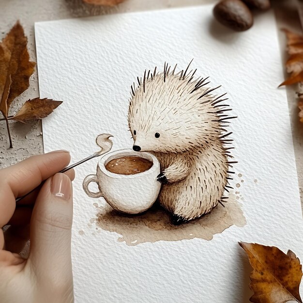 Photo watercolor painting of a cute hedgehog enjoying a cup of coffee