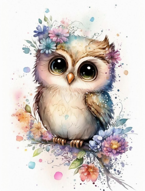 A watercolor painting of a cute owl with flowers