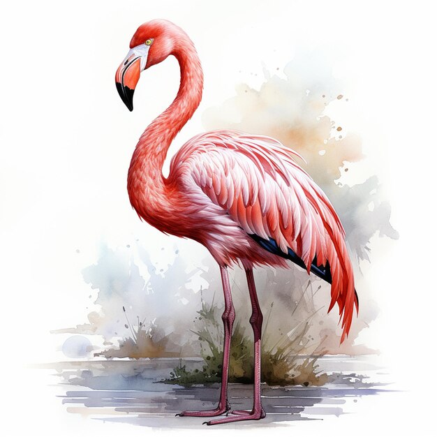 Watercolor painting of a cute pink flamingo isolated on white background