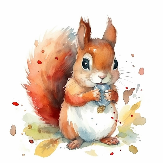 watercolor painting of a cute squirrel isolated on white background