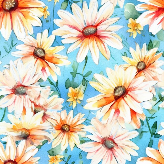 A watercolor painting of daisies on a blue background