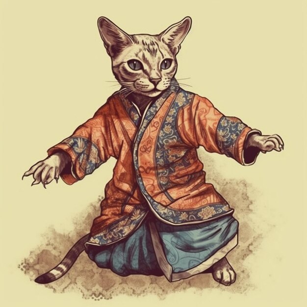 Watercolor painting of a dancing cat