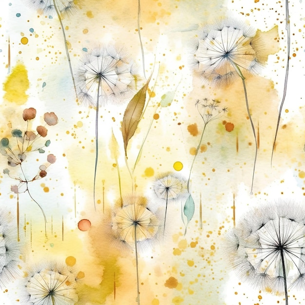 A watercolor painting of dandelions with yellow and green drops.