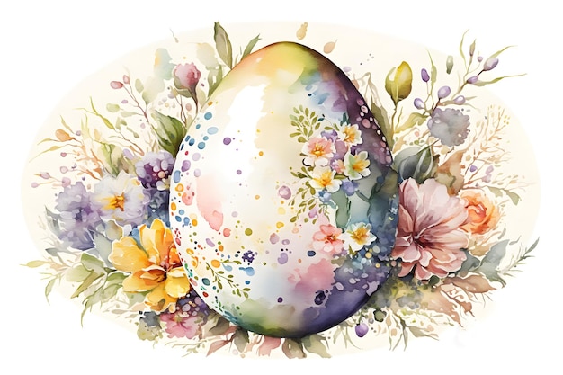 Watercolor painting of a decorative Easter egg with spring wildflowers Generative AI 2