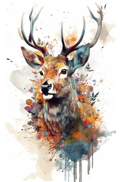 Watercolor painting of a deer with big horns and big horns.