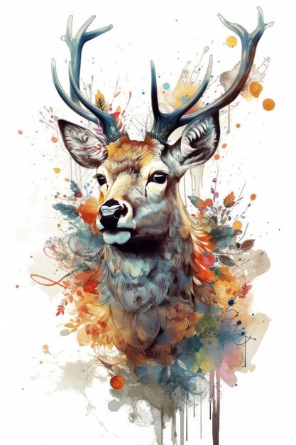 A watercolor painting of a deer with big horns.