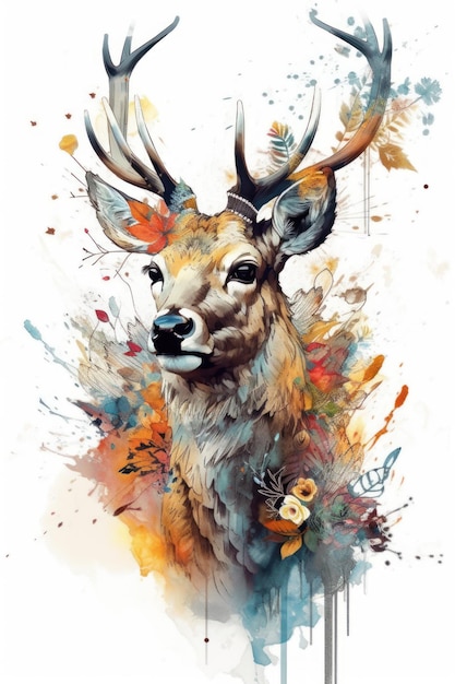 A watercolor painting of a deer with a feather on its antlers.